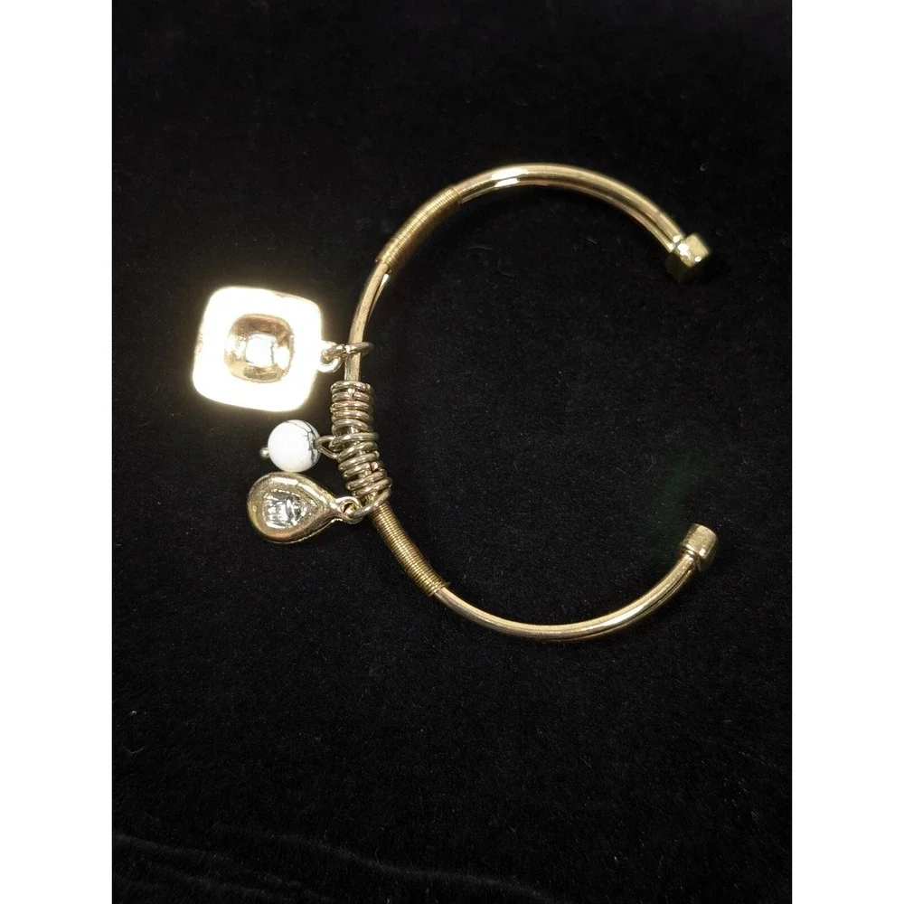 Two Tone Cable Cuff Bracelet Gold Silver Square‎ Charm Small 6 in Minimalist